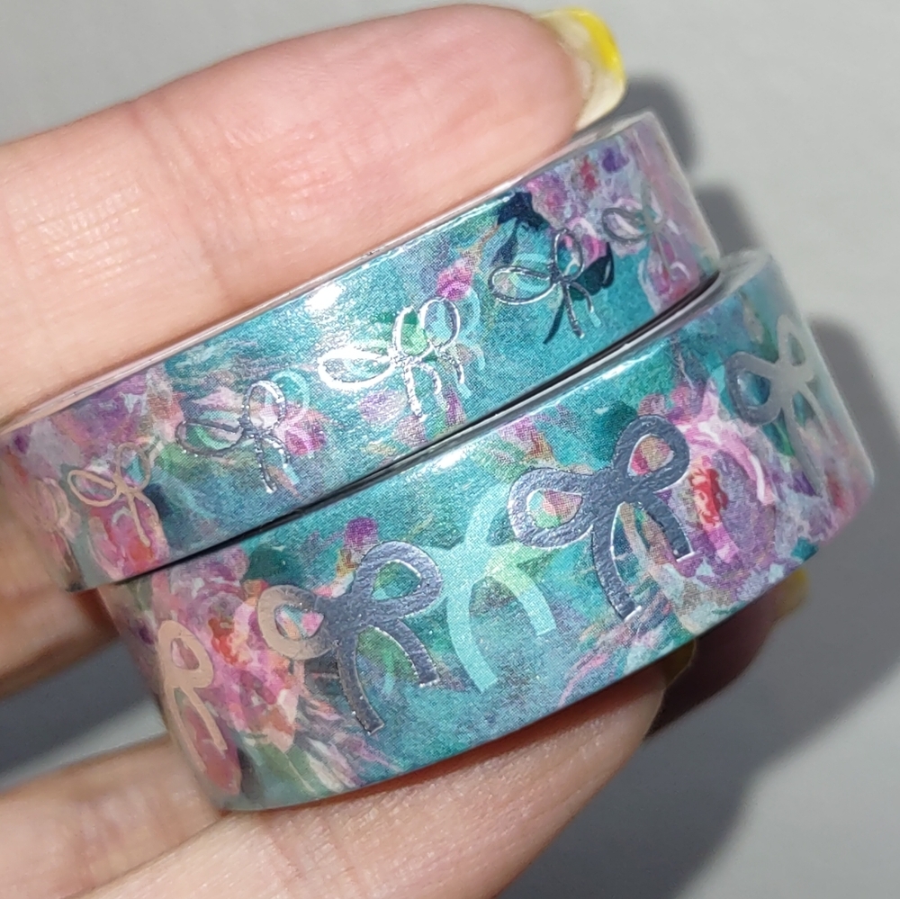 Simply Gilded Washi Tape - Teal Floral w/ Silver Foil Bows